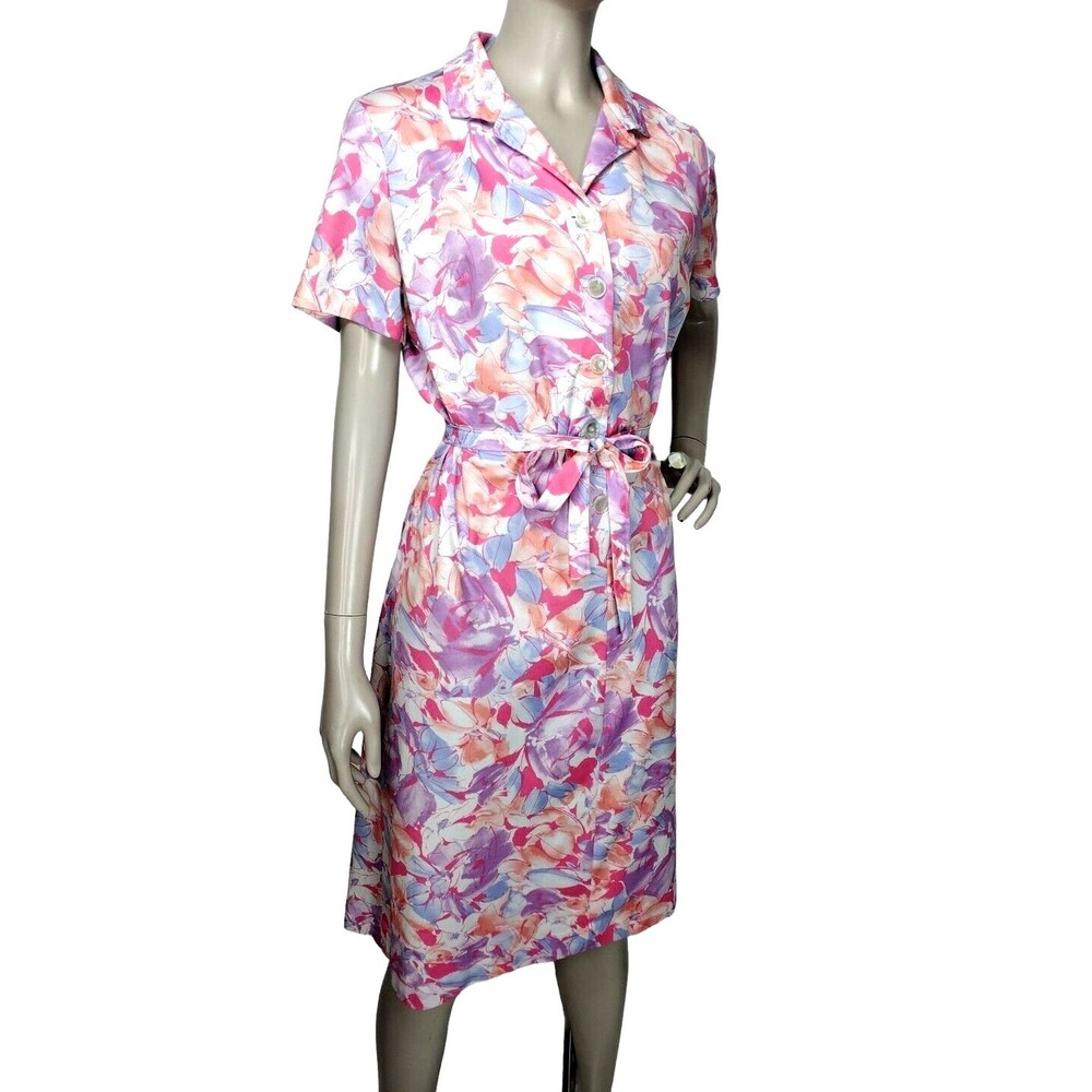 Vintage 70s Marti Petite Pastel Abstract Floral Button-Front Belted House Dress